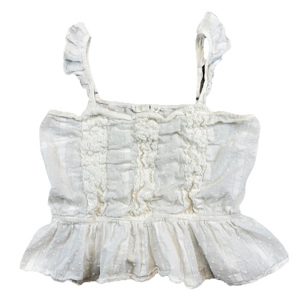 E‎ & M Anthropologie Cropped Clip Dot Ruffle Tank Top Sz M Boho Festival Cottage